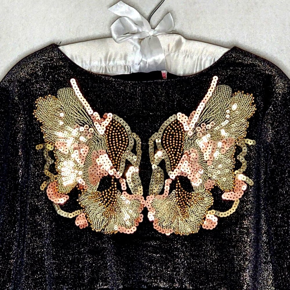 Billieblush My Lovely Dress Girls Black Gold Velvet Dress 5 / 108 Beads Sequins - Picture 2 of 5